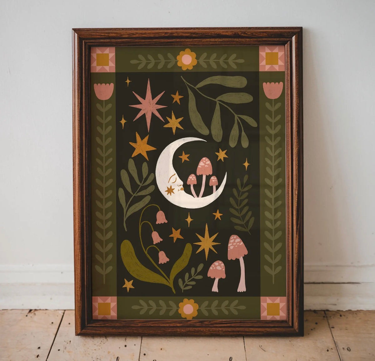 Folk Art Celestial Moon A4 Art Print – Retro Botanical Wall Art