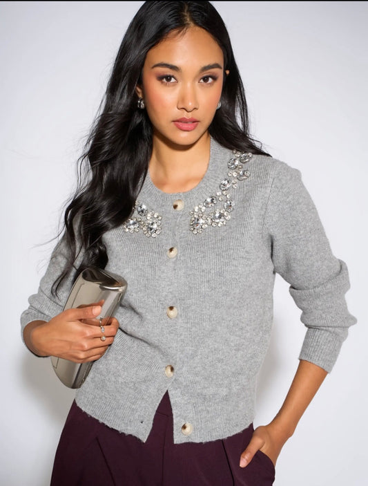 Grey Marl Diamanté Embellished Knitted Cardigan