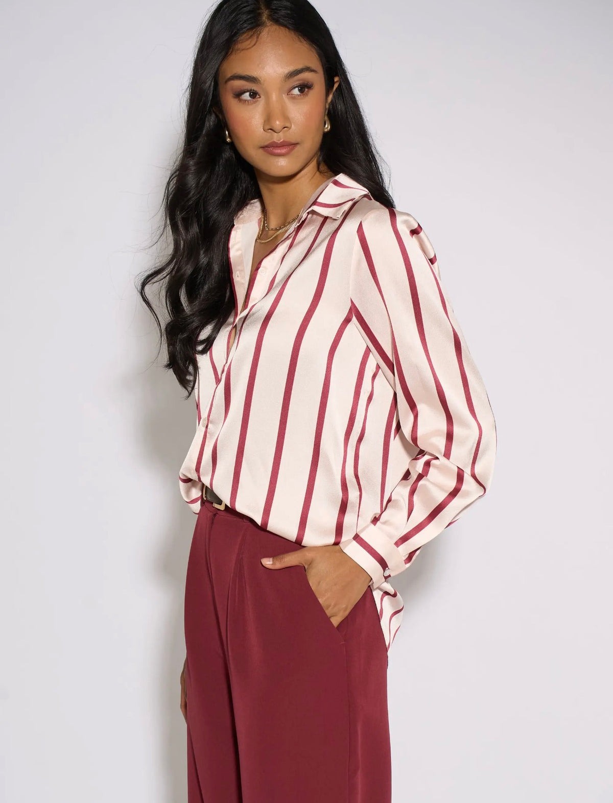 Burgundy Stripe Satin Shirt
