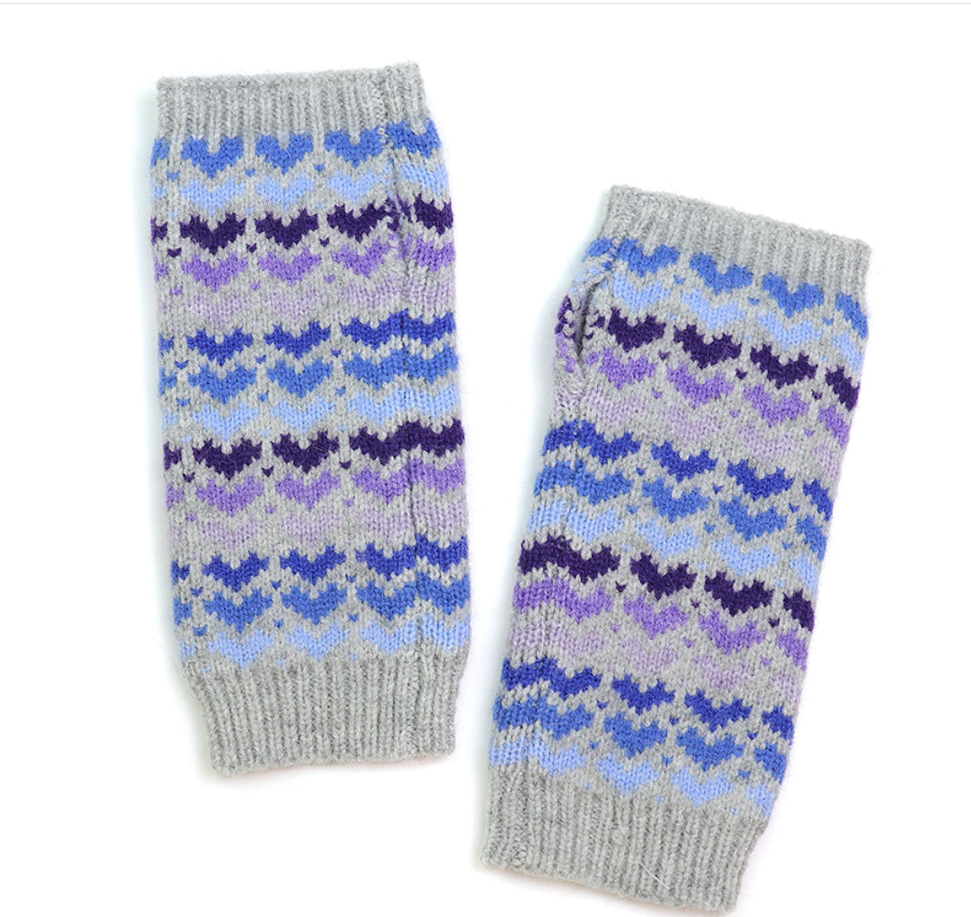Grey and blue heart knit wrist warmers