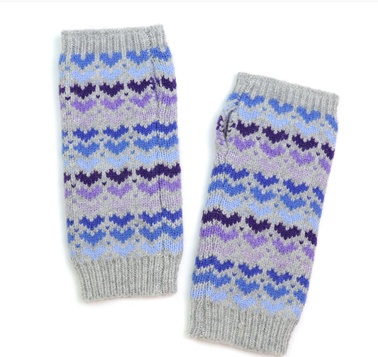 Grey and blue heart knit wrist warmers