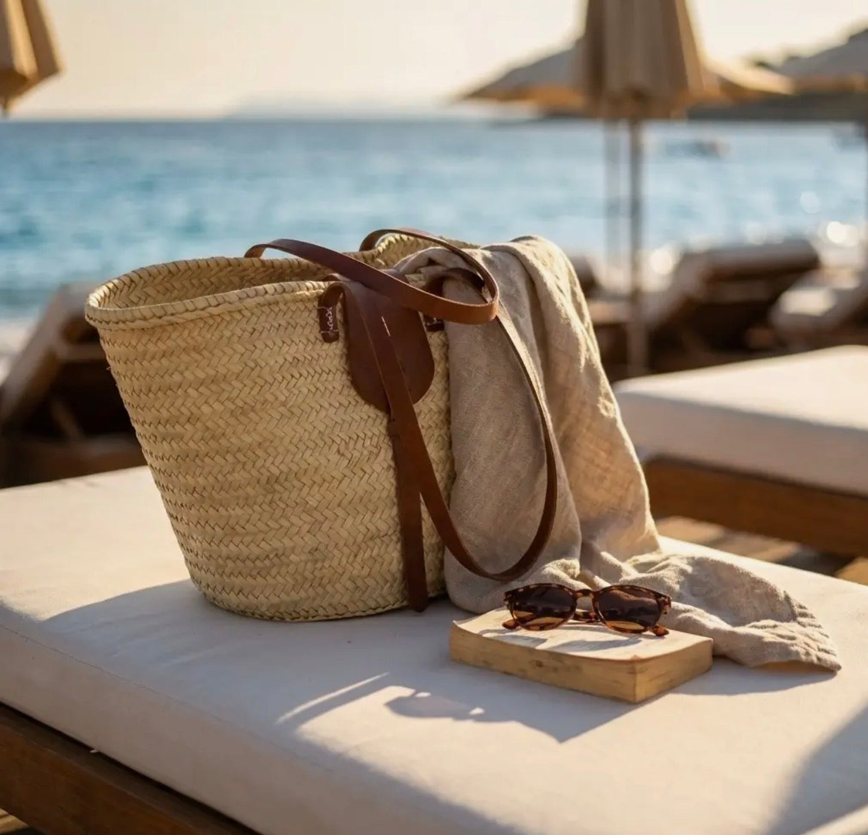 Classic French Market Straw Basket Bag with Leather Handles & Fastening