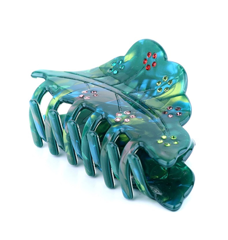 Green Pearlescent and Crystal Leaf Hair Claw Clip