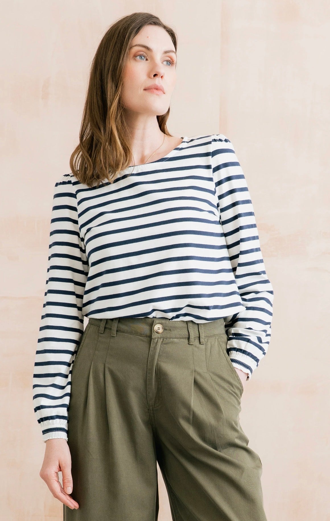 CAROLINE STRIPED ORGANIC COTTON JERSEY TOP NAVY/ECRU
