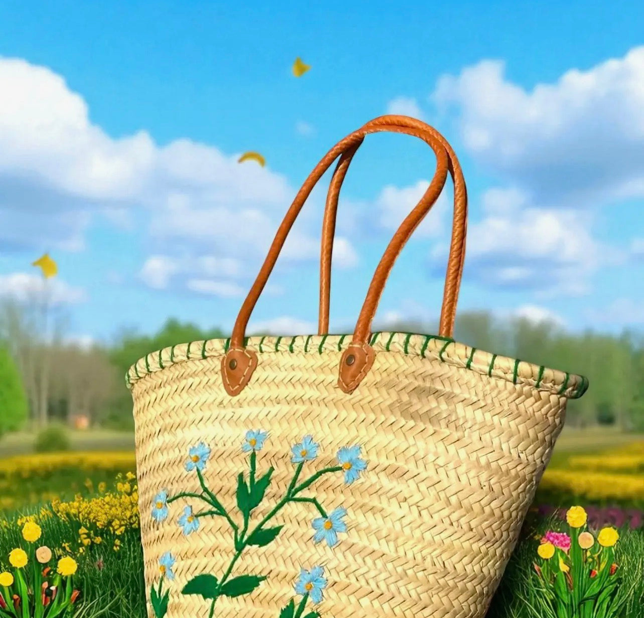 Blue Floral Embroidered Market Basket Bag with Leather Shoulder Handles