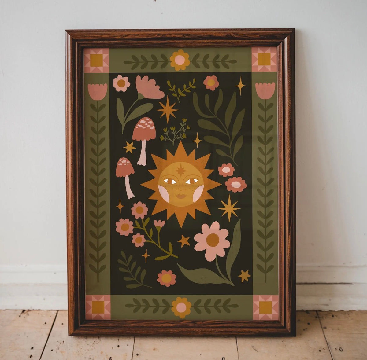 Folk Art Celestial Sun A4 Art Print – Retro Floral Wall Art