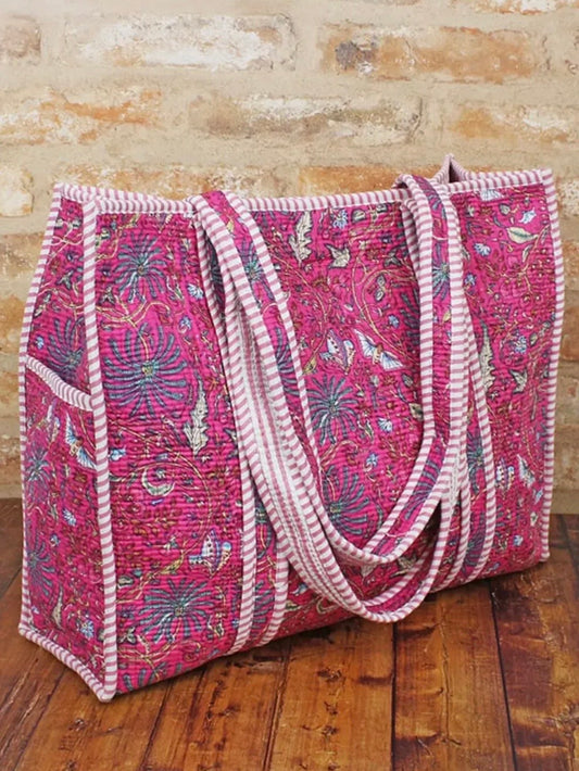 Quilted Cotton Tote bag (pink with moths)