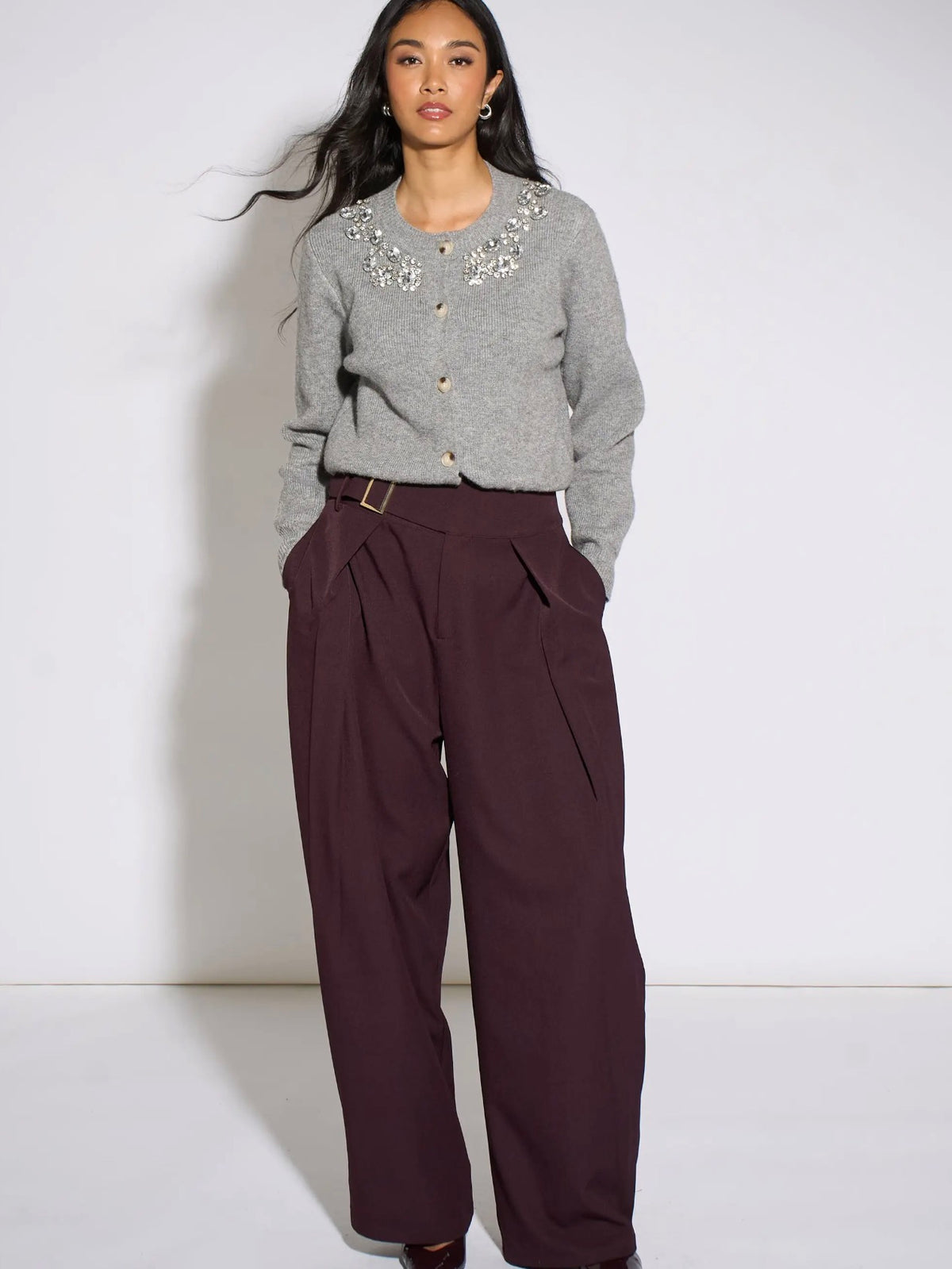 Grey Marl Diamanté Embellished Knitted Cardigan