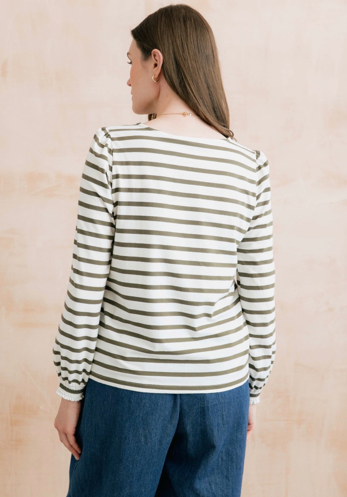 CAROLINE STRIPED ORGANIC COTTON JERSEY TOP OLIVE/ECRU