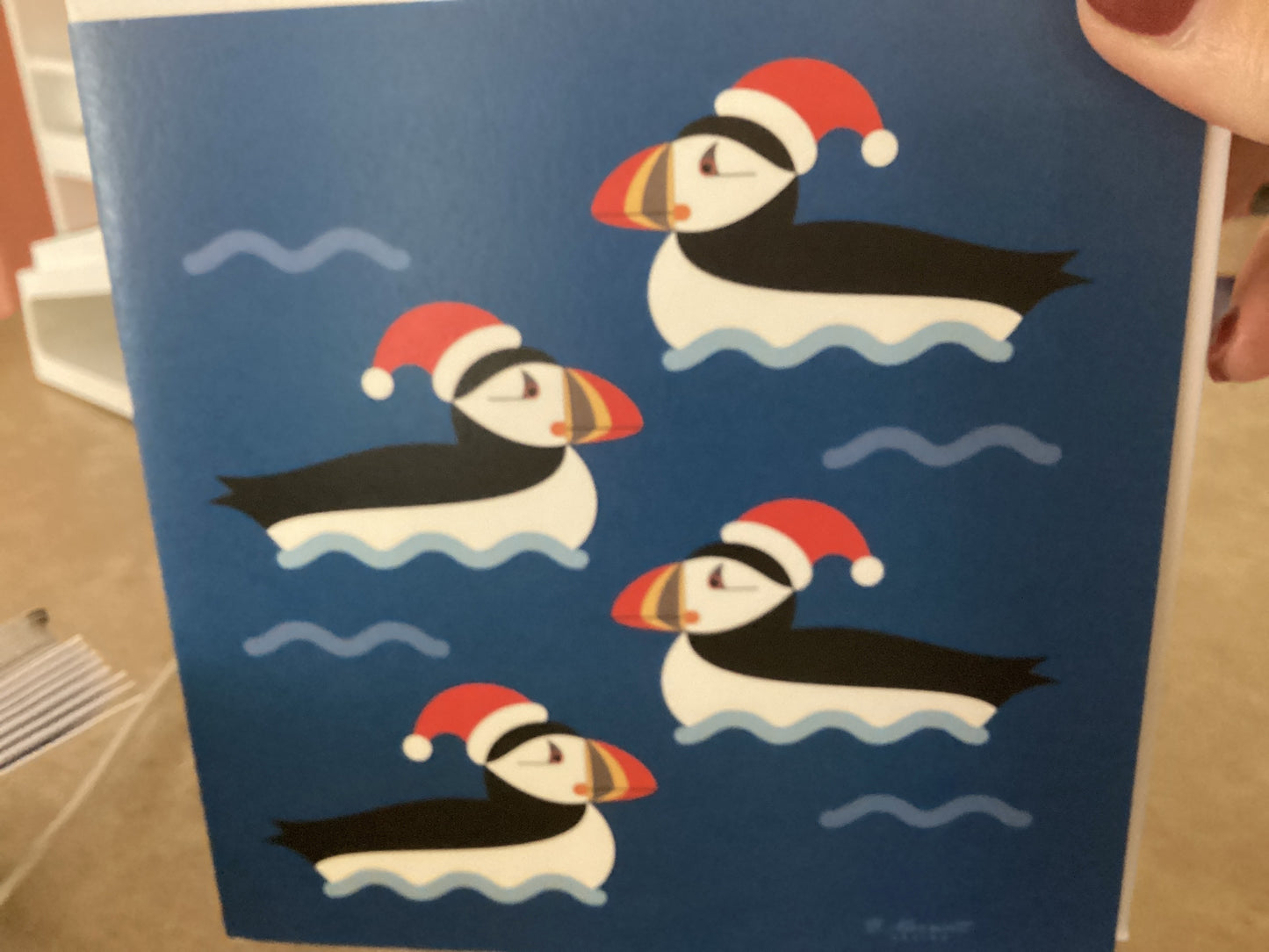 Christmas Card - Festive Puffins on Waves