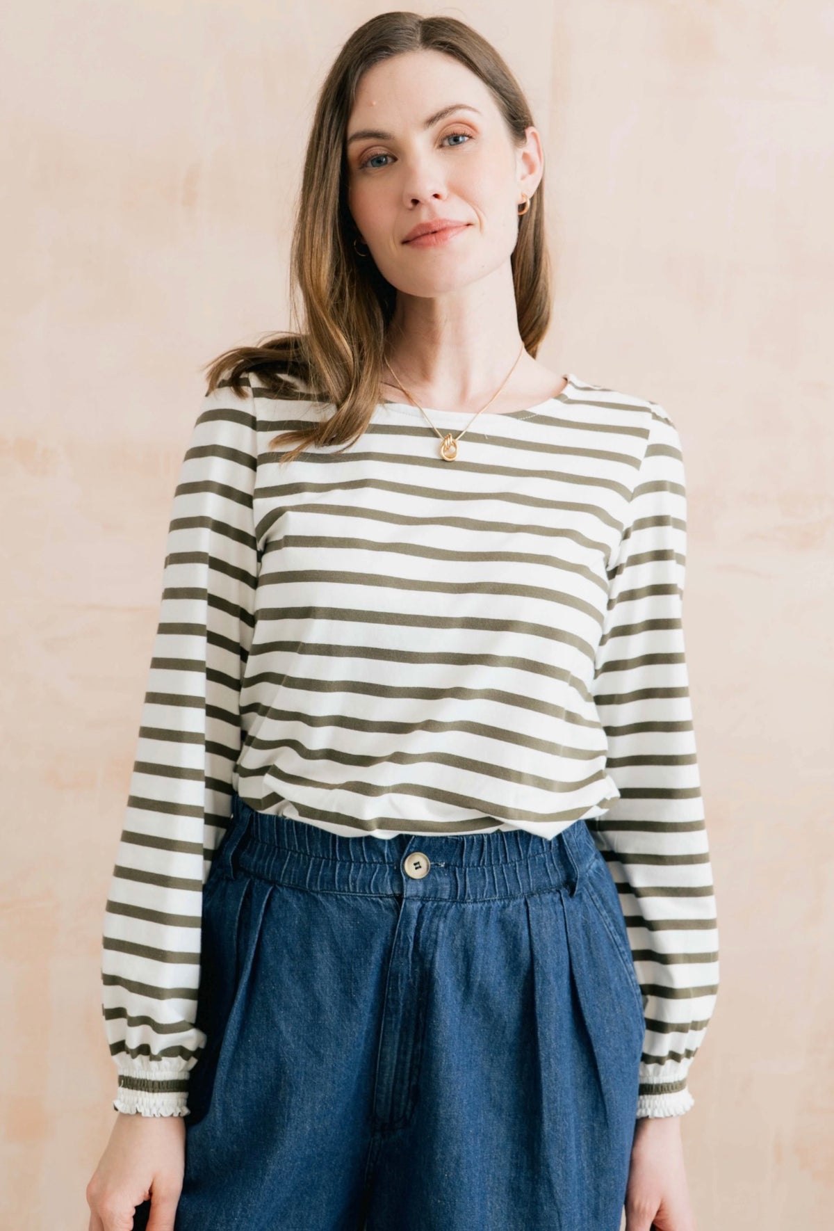 CAROLINE STRIPED ORGANIC COTTON JERSEY TOP OLIVE/ECRU
