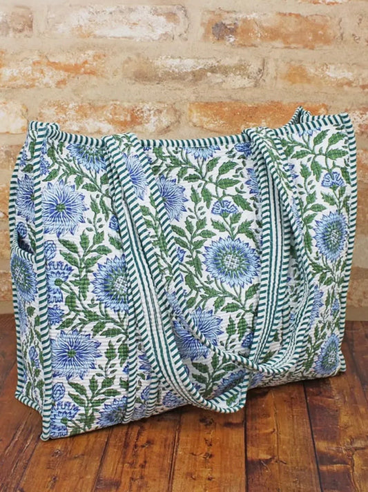 Quilted Cotton Tote Bag (blue flowers)