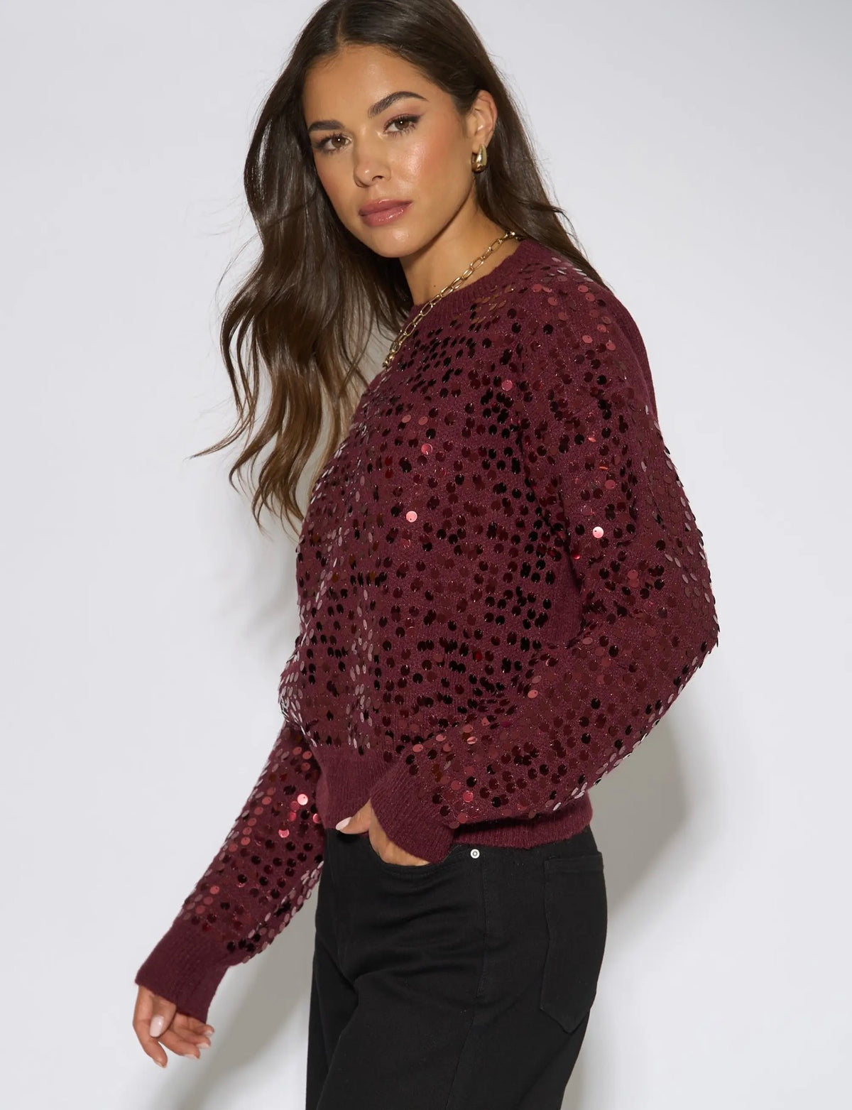 Mulberry Sequin Long Sleeve Knitted Jumper