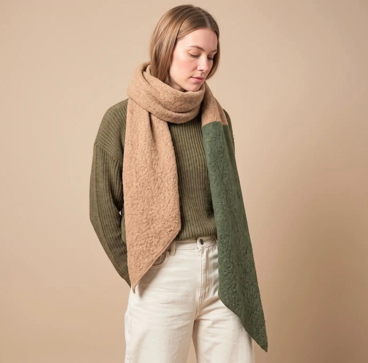 Khaki/camel colour block heavyweight scarf