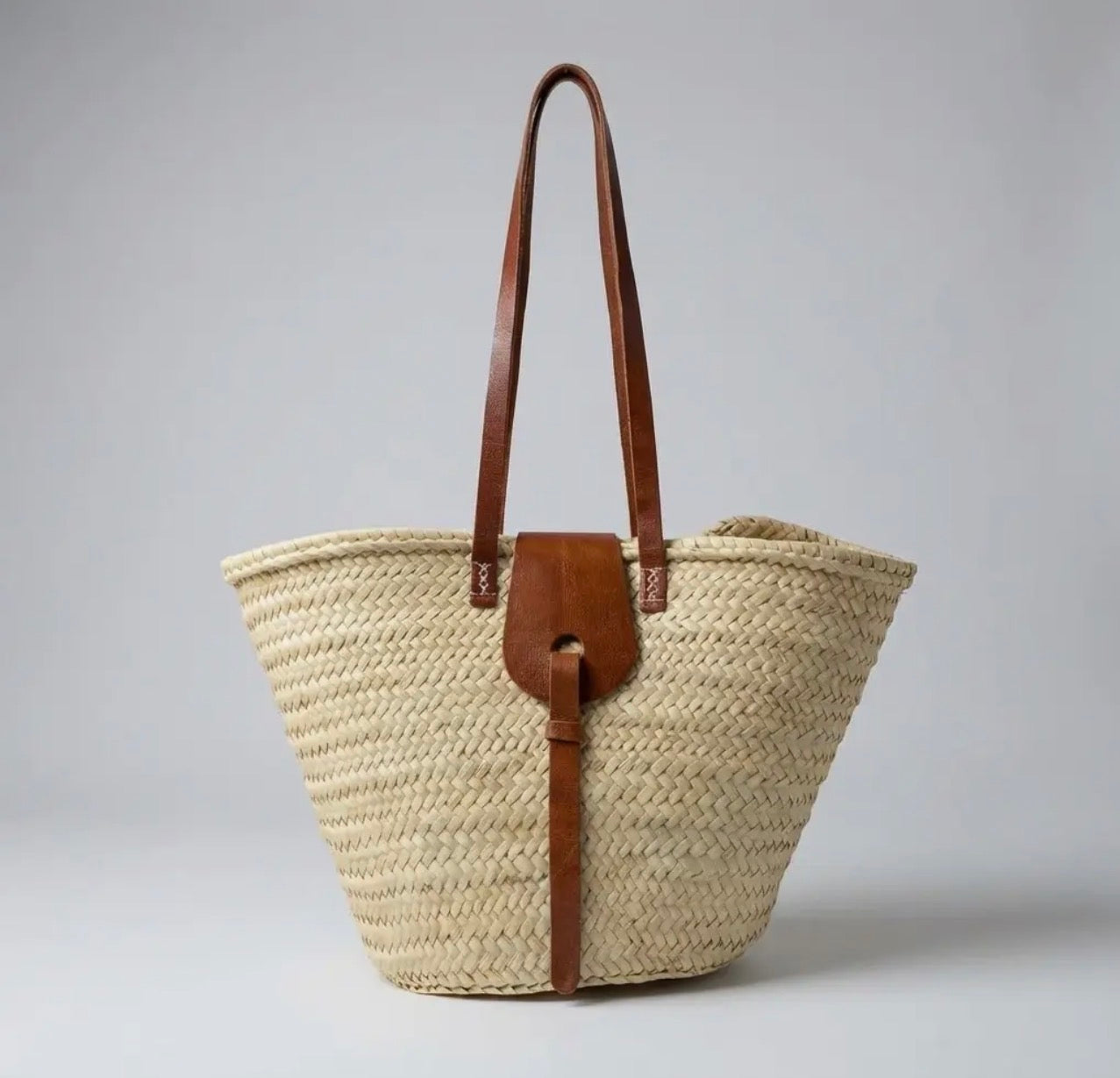 Classic French Market Straw Basket Bag with Leather Handles & Fastening