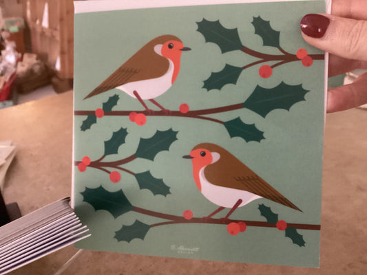 Christmas card - Robins on Holy Branch