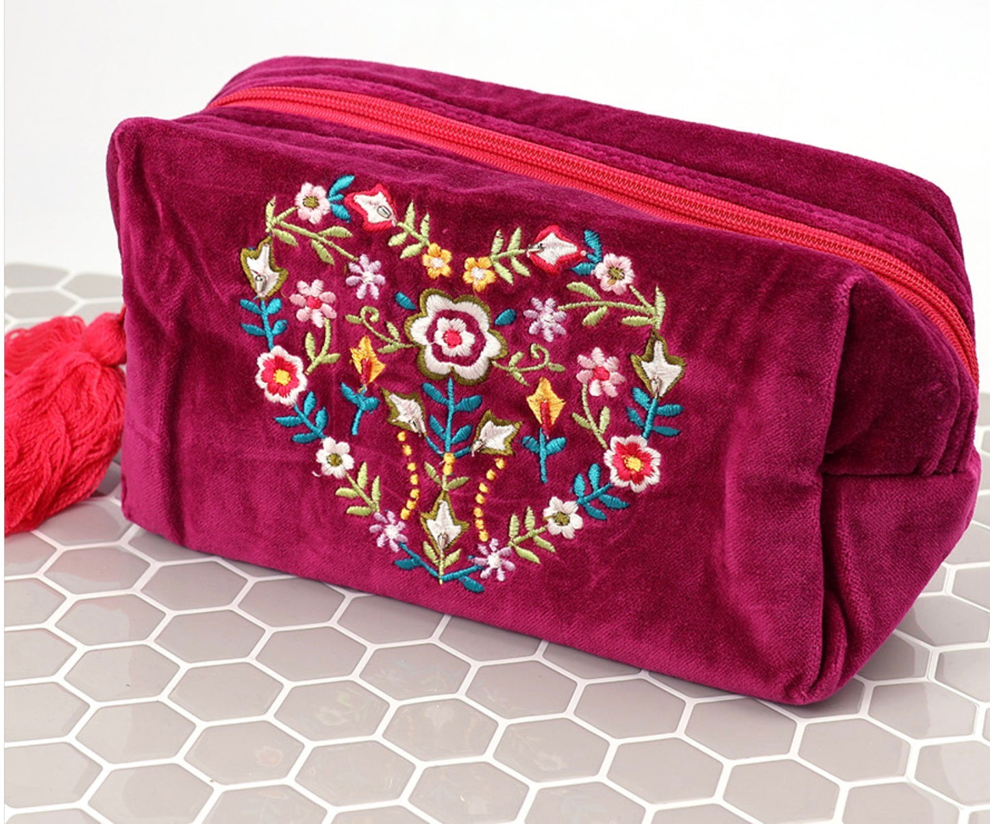 Velvet Heart Embroidered Wash Bag
