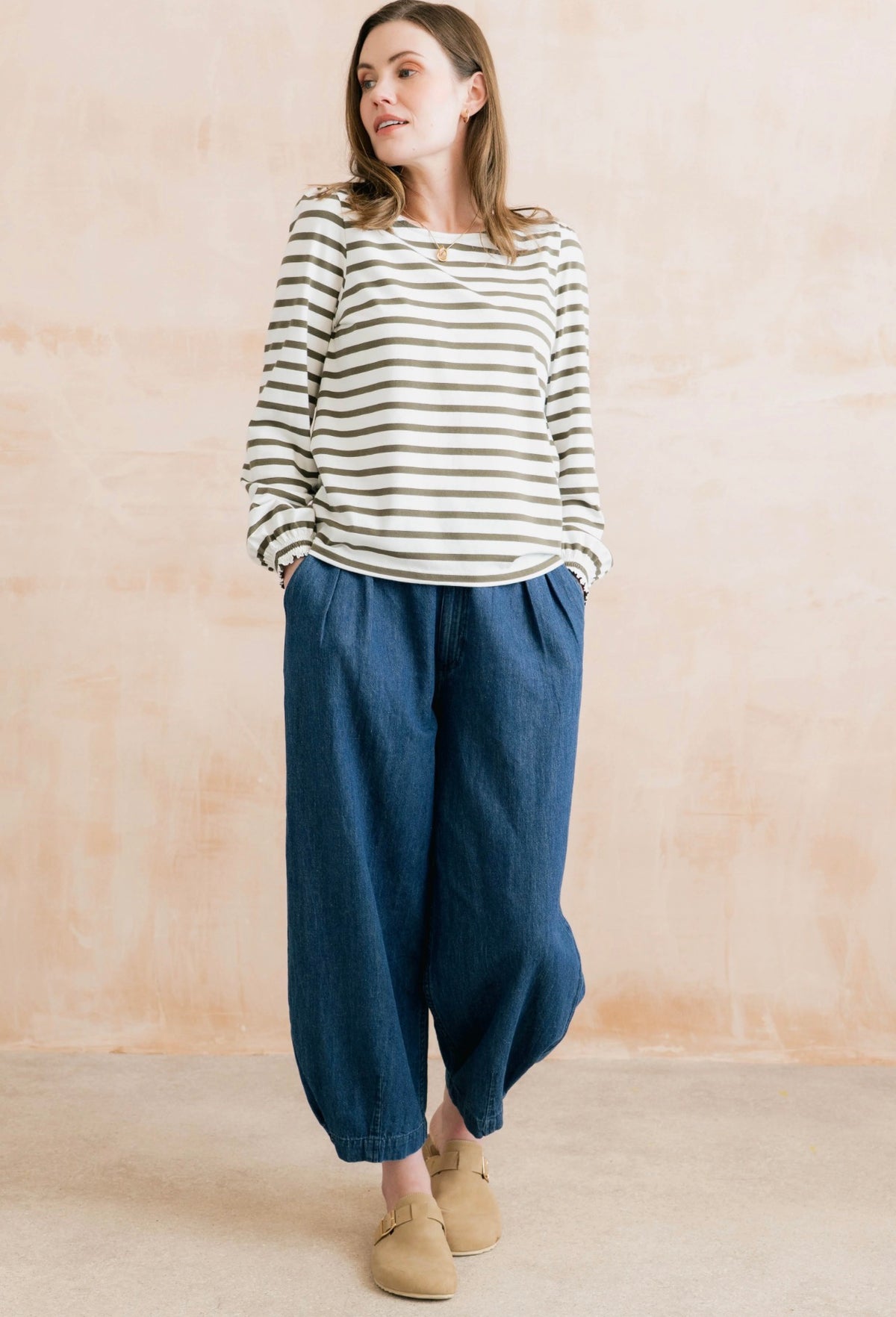 CAROLINE STRIPED ORGANIC COTTON JERSEY TOP OLIVE/ECRU