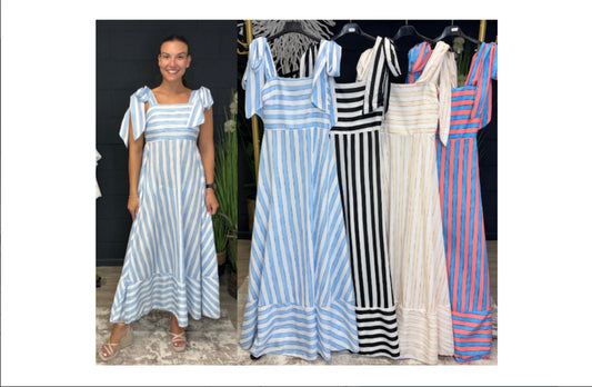 Stripe Shoulder Bow Tie Maxi Dress Cream