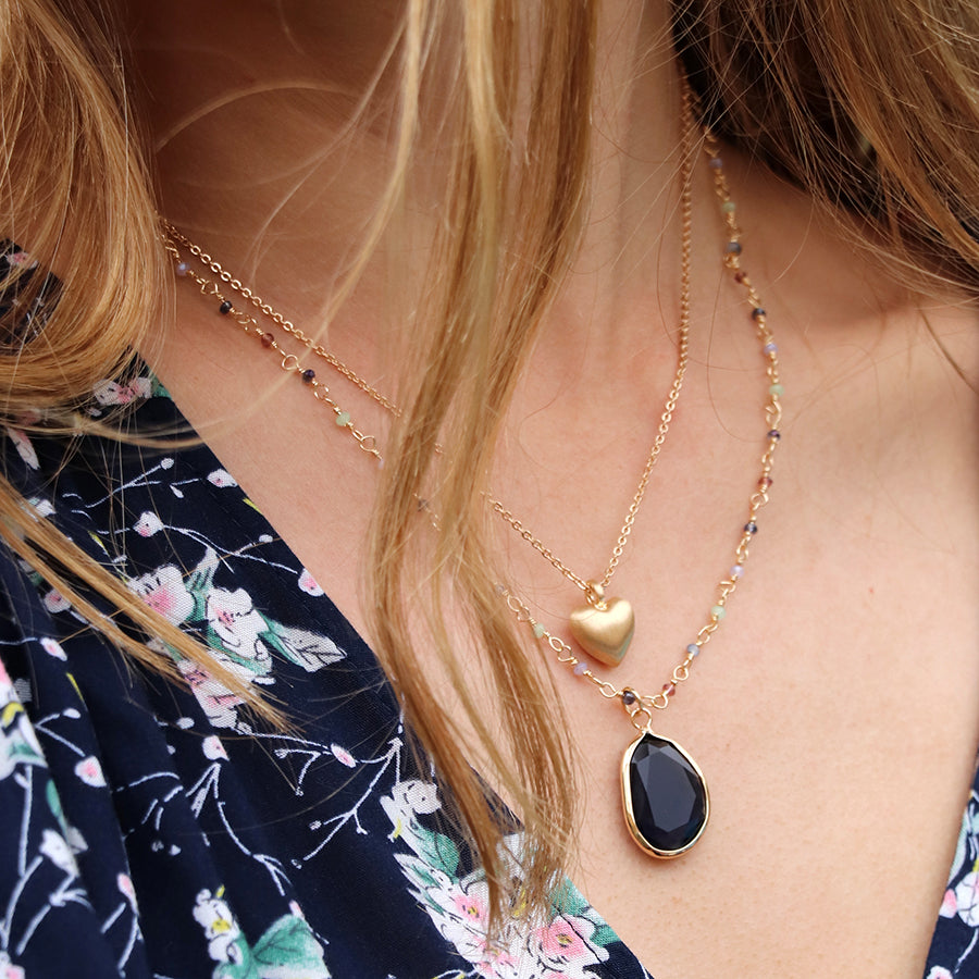 Golden Double Strand Heart and Blue Crystal Necklace