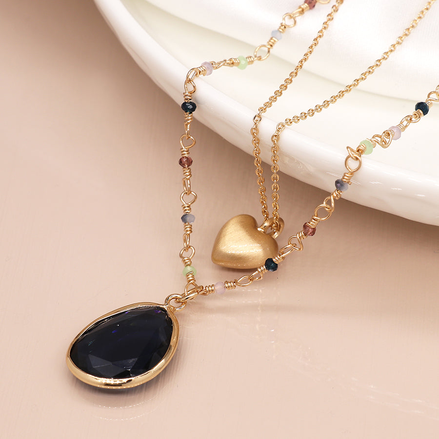 Golden Double Strand Heart and Blue Crystal Necklace