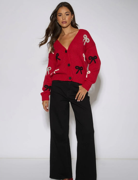 Red Bow Detail Knitted Cardigan