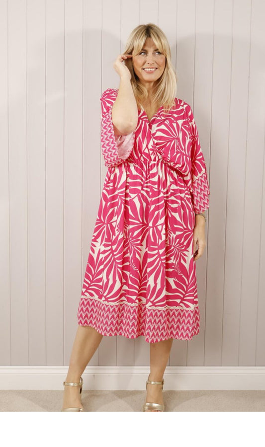 Leaf Print Pink Midi Dress