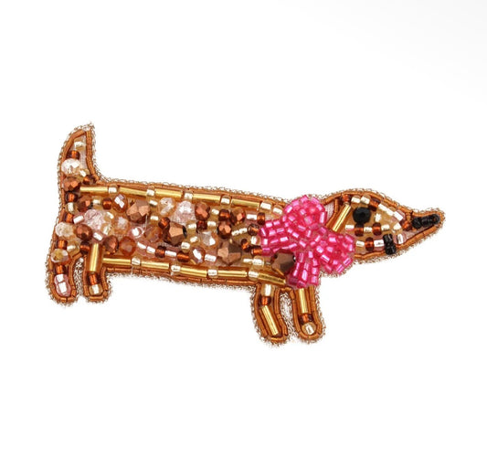 My Doris Beaded Sausage Dog Brooch with Pink Bow