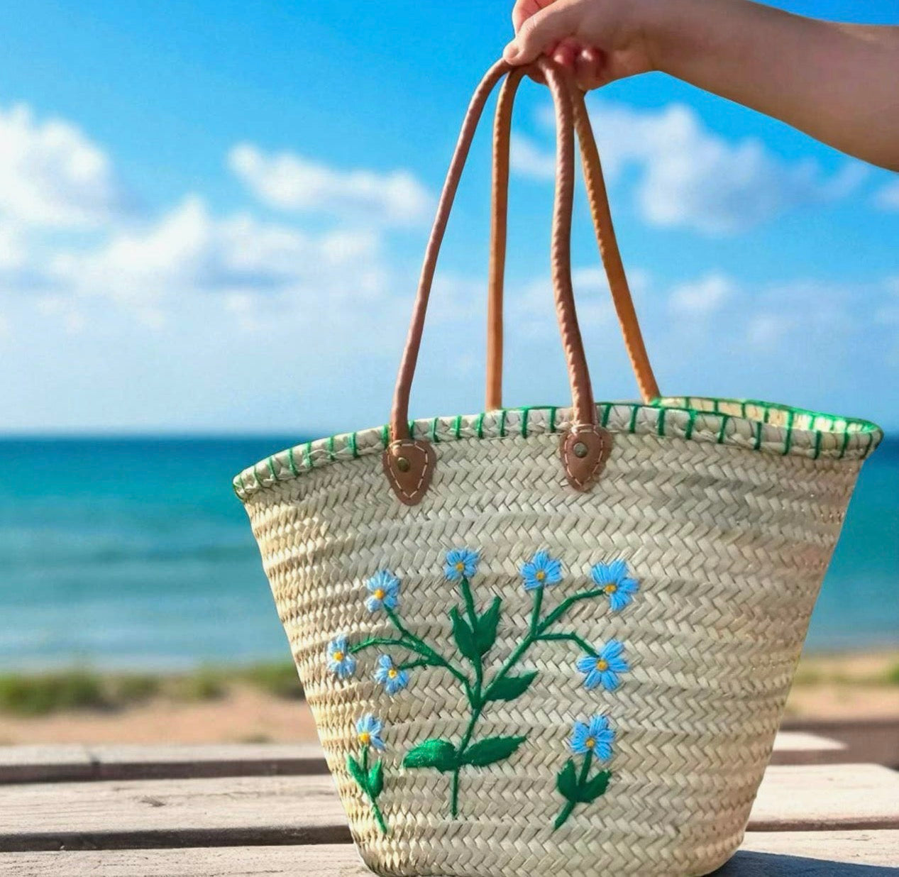 Blue Floral Embroidered Market Basket Bag with Leather Shoulder Handles