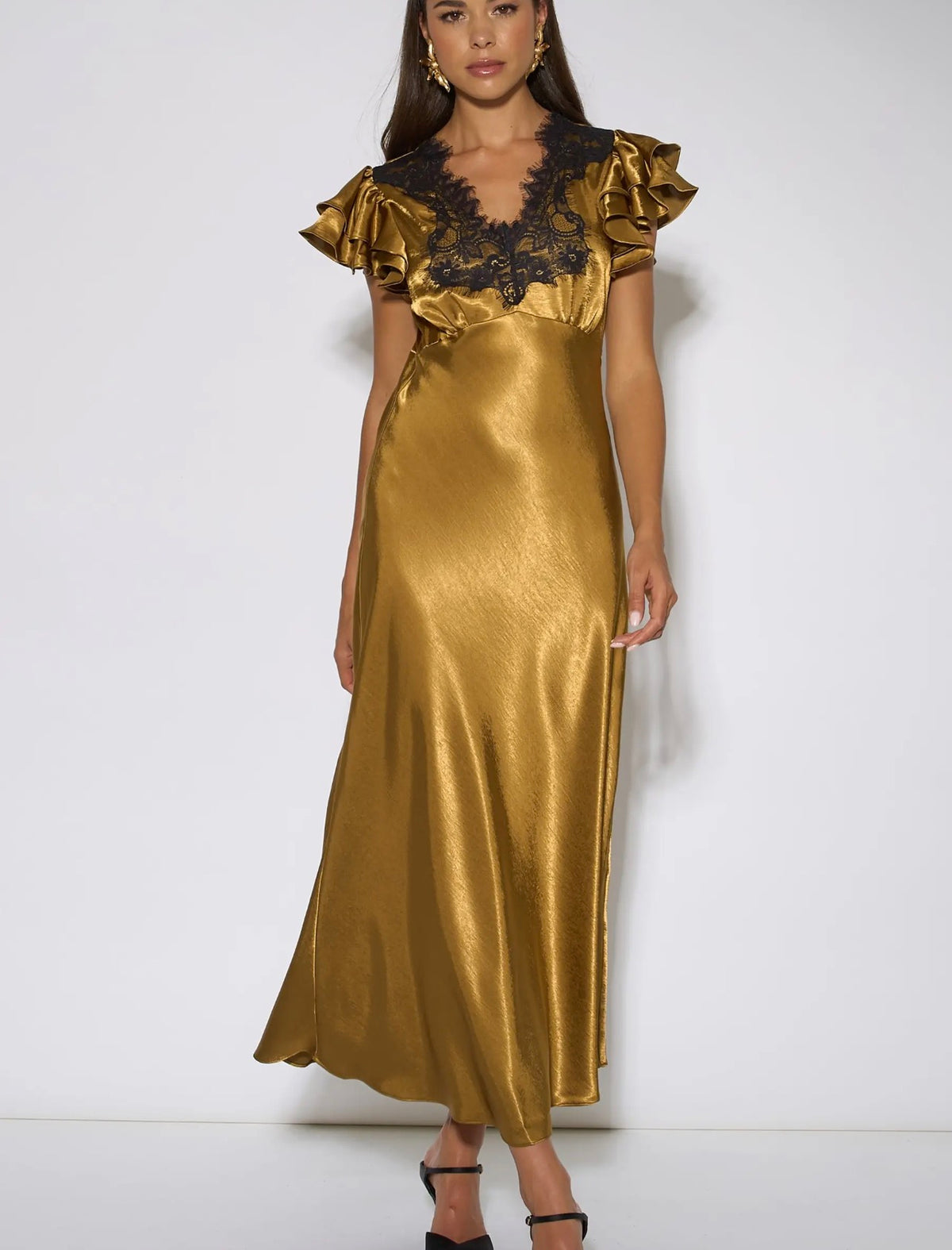 Gold Satin Midi Dress with Black Lace Detail