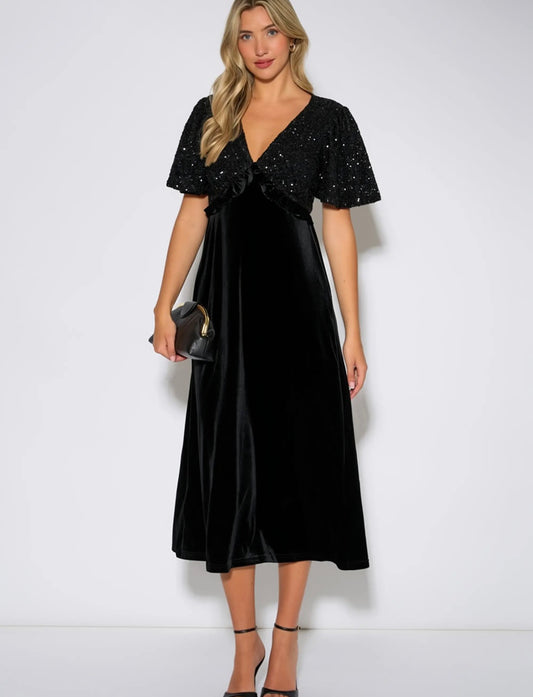 Black Sequin & Velvet Midi Dress