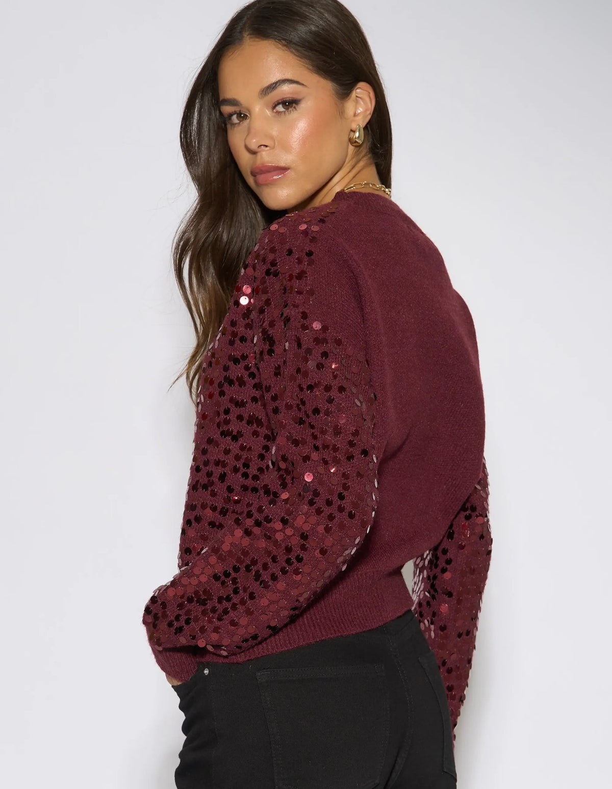 Mulberry Sequin Long Sleeve Knitted Jumper
