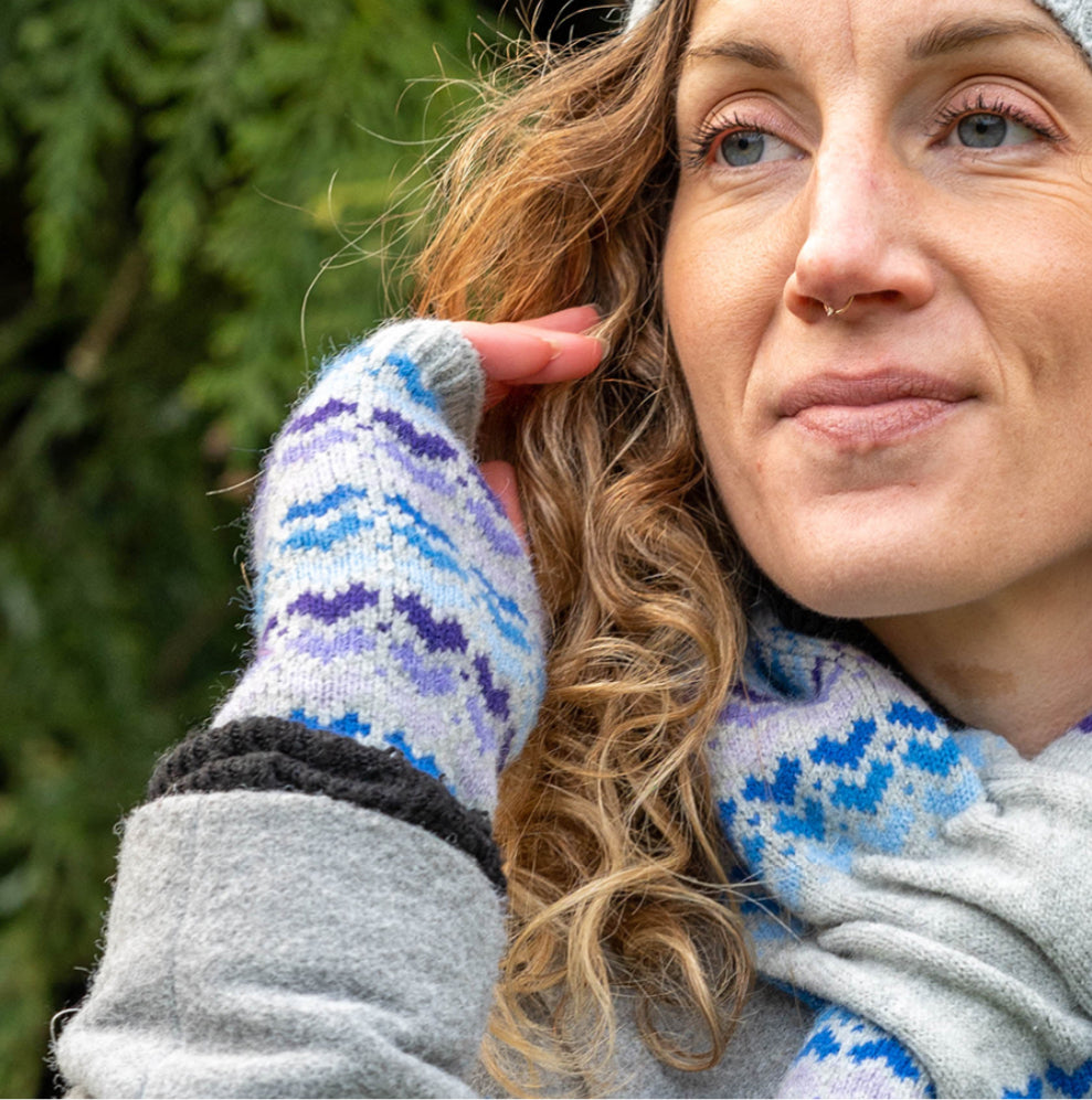 Grey and blue heart knit wrist warmers