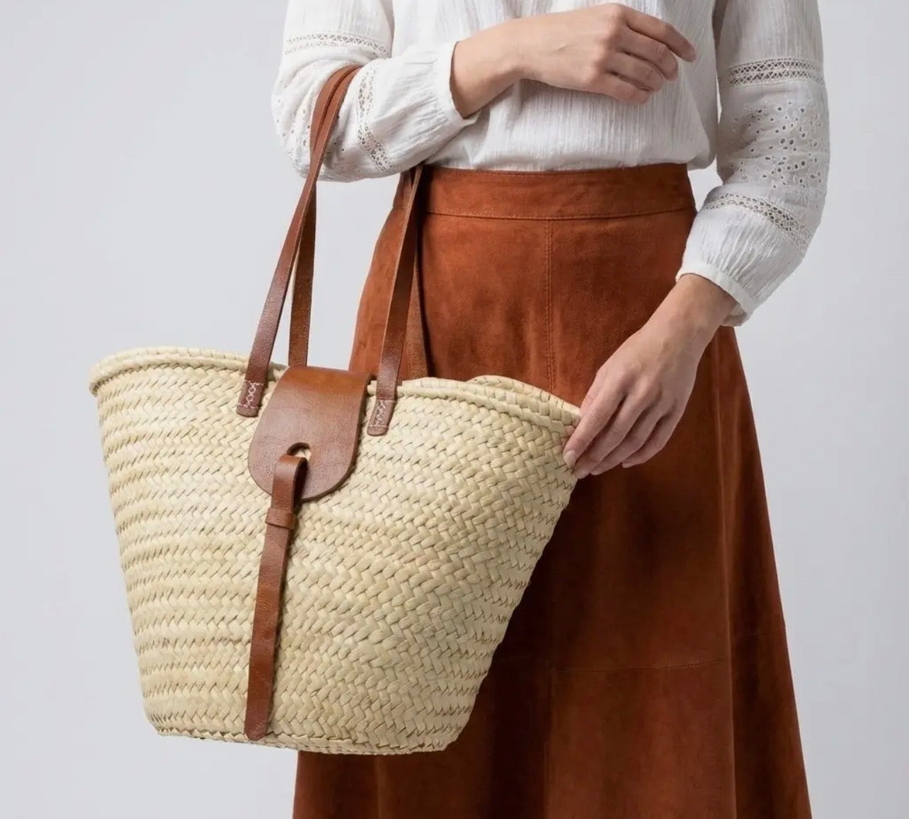 Classic French Market Straw Basket Bag with Leather Handles & Fastening