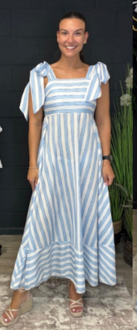 Stripe Shoulder Bow Tie Maxi Dress Blue