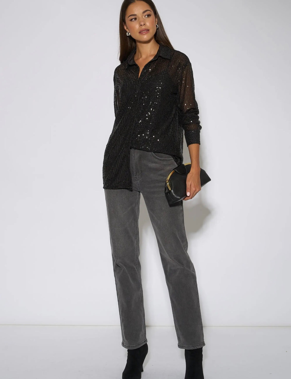 Black Sequin Long Sleeve Shirt