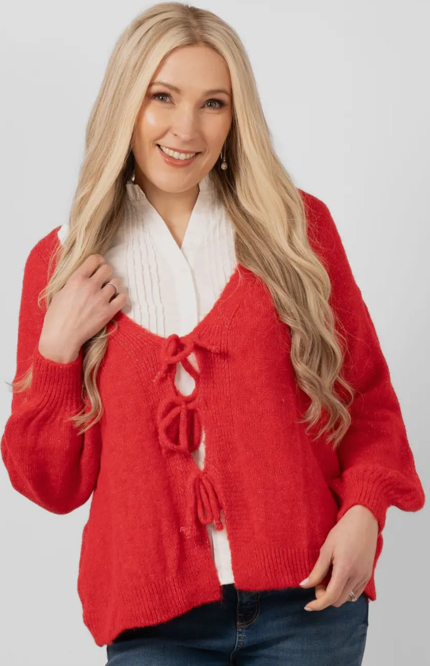 Tie Front Wool Blend Cardigan - Cassidy Red
