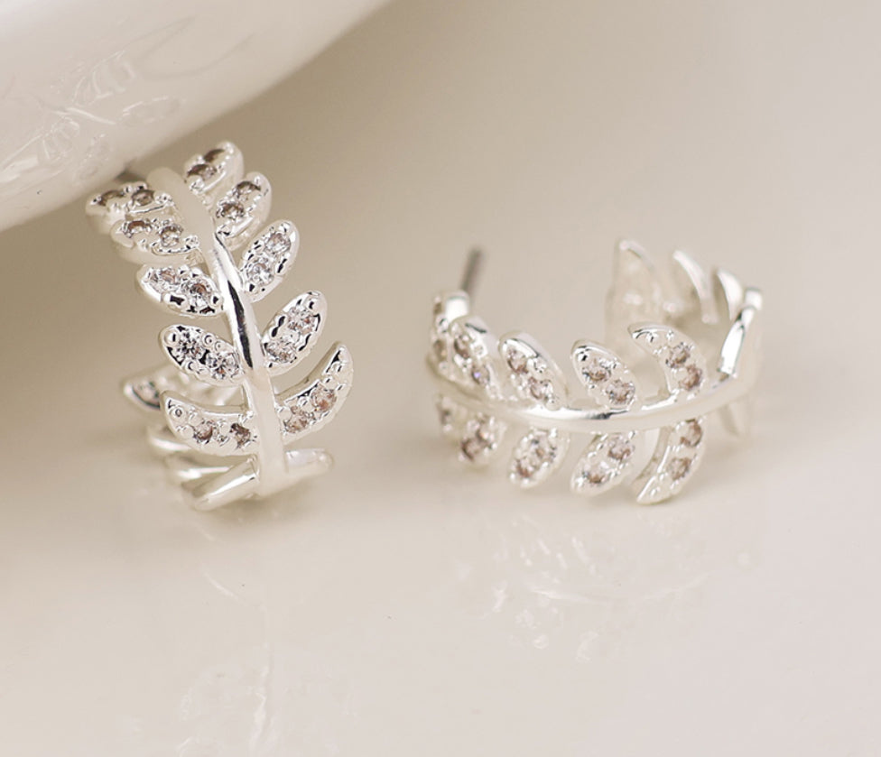 Silver Plaited Crystal Leaf Earrings