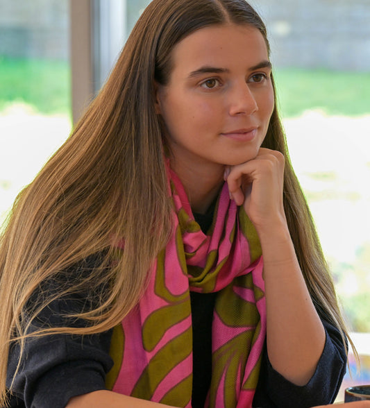 Pink mix abstract swirl print scarf with border