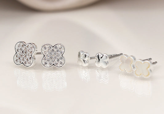Silver plated triple quatrefoil stud set with crystals and shell