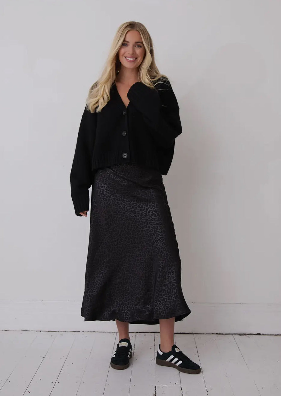 Animal Print Black Satin Skirt