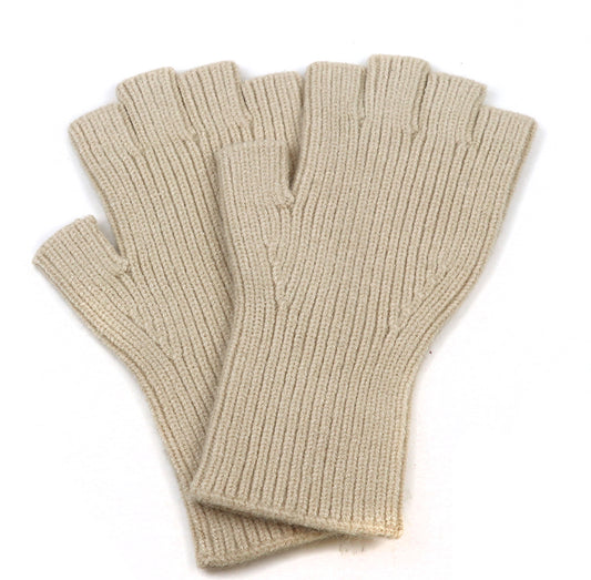 Oatmeal Ribbed Fingerless Gloves in Recycled Wool Mix