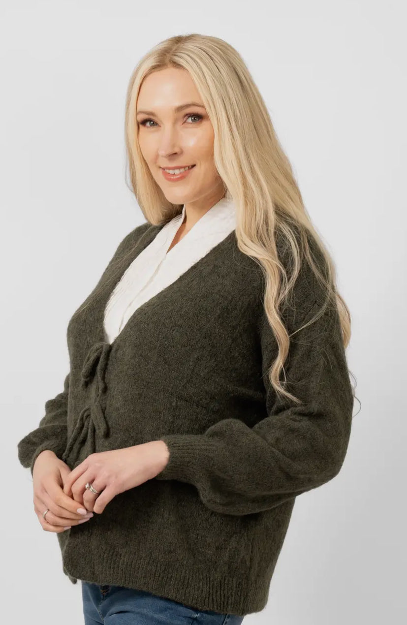 Tie Front Wool Blend Cardigan - Cassidy Green