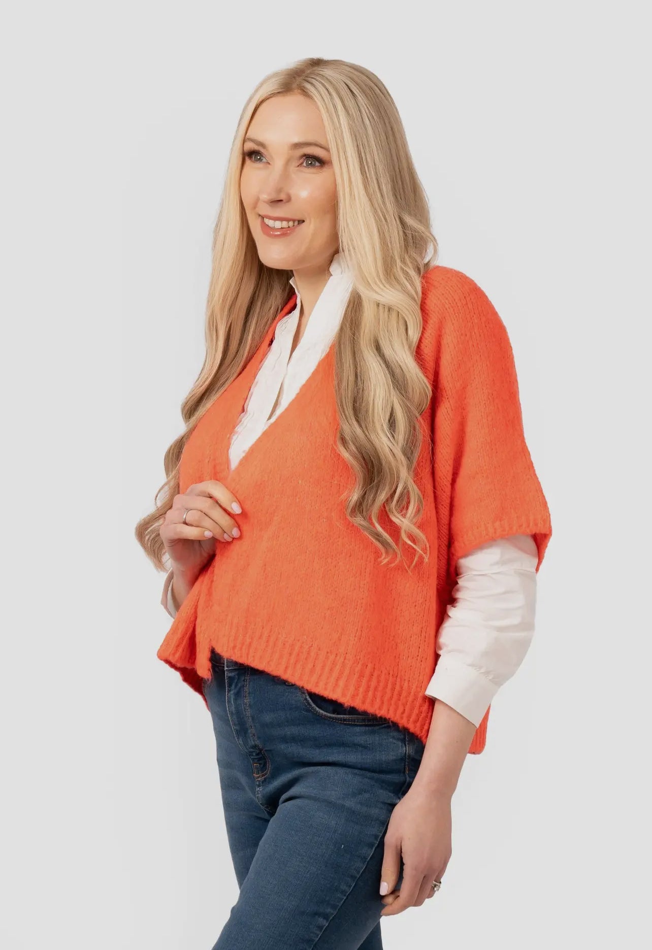 Amelia Short Sleeve Wool Blend Open Cardigan- Coral.