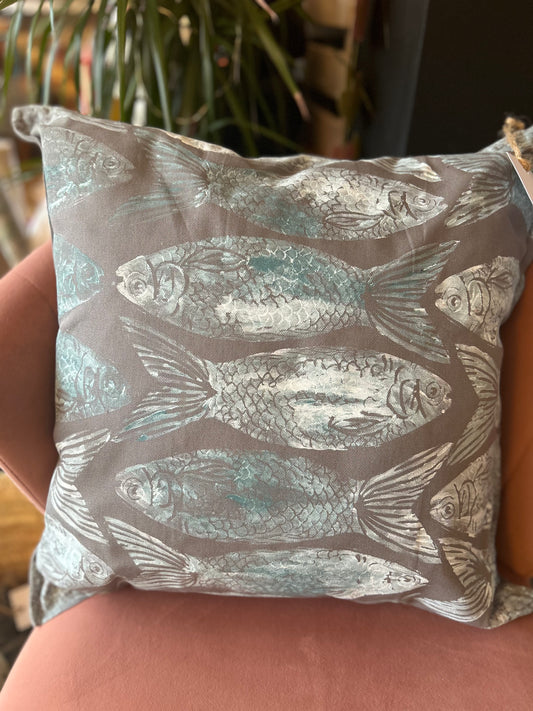 Grey Fish Hand Printed Cushion - Locally Made in Wiltshire