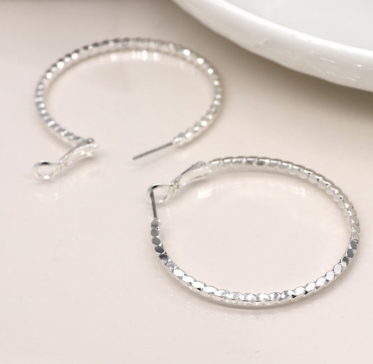 Large Silver Hoop Earrings- rope effect