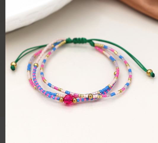Pink, blue mix adjustable beaded bracelet