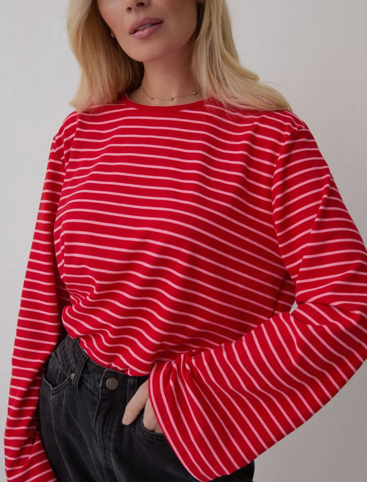 Celine Stripe Super Soft Long Sleeve Top - Cherry Red