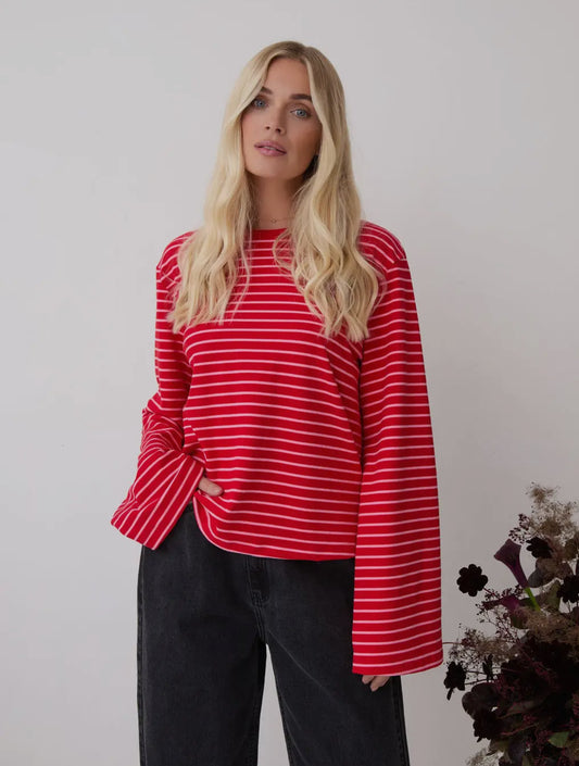 Celine Stripe Super Soft Long Sleeve Top - Cherry Red