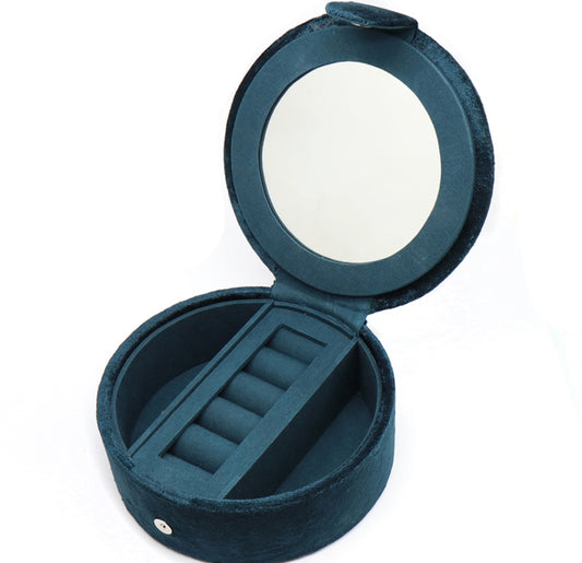 Dark teal velvet hedgehog embroidered round jewellery box